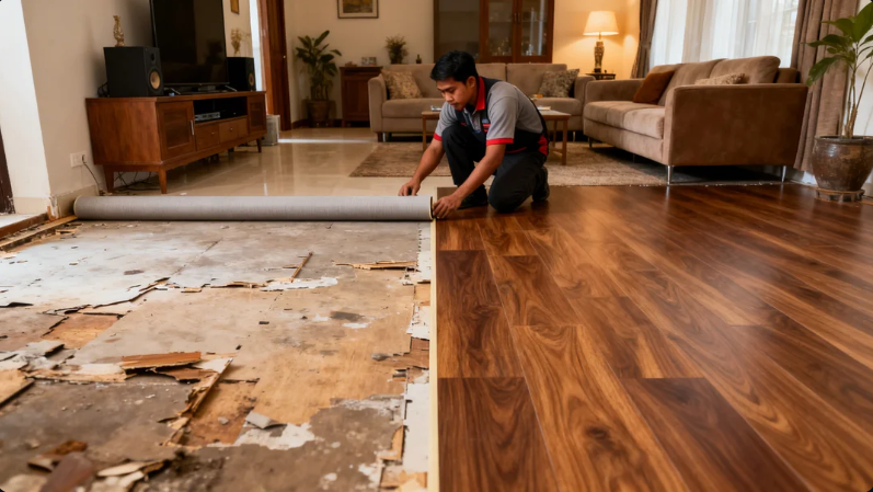 Proses pemasangan lantai vinyl motif kayu minimalis oleh tenaga ahli di ruangan tamu rumah Jakarta Timur.