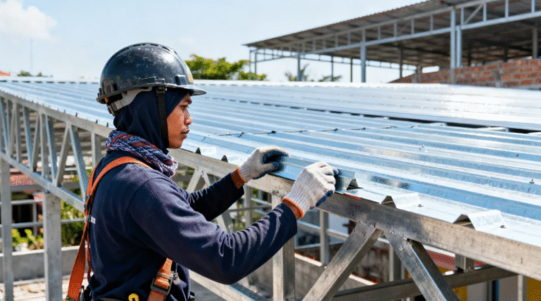 Proses pemasangan rangka baja ringan untuk kanopi rumah minimalis di Jakarta Timur oleh tukang ahli.