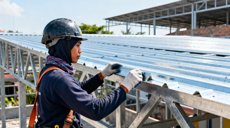 Proses pemasangan rangka baja ringan untuk kanopi rumah minimalis di Jakarta Timur oleh tukang ahli.