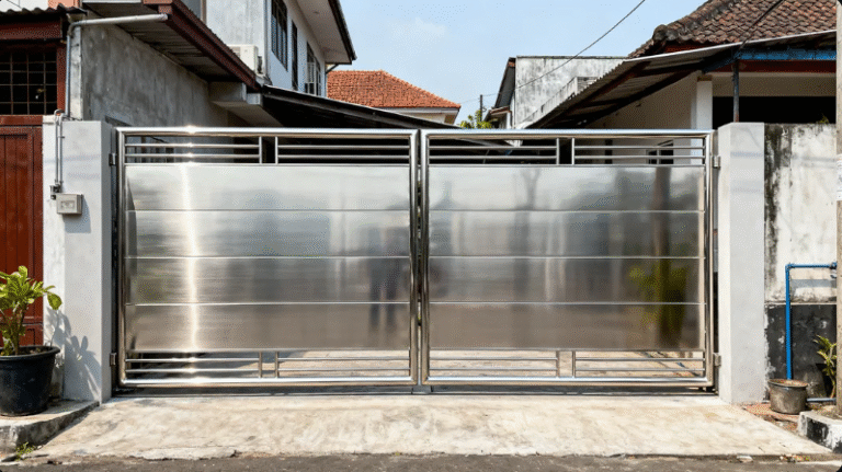 Pagar stainless steel minimalis modern di depan rumah Jakarta Timur.