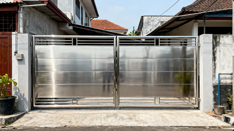 Pagar stainless steel minimalis modern di depan rumah Jakarta Timur.