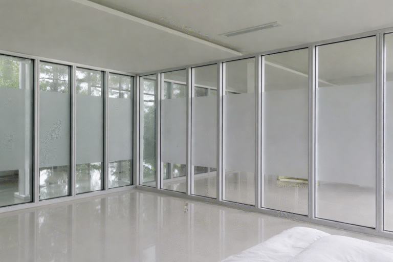 Tampilan kaca tempered jernih untuk jendela rumah modern di area Jaksel yang estetik.