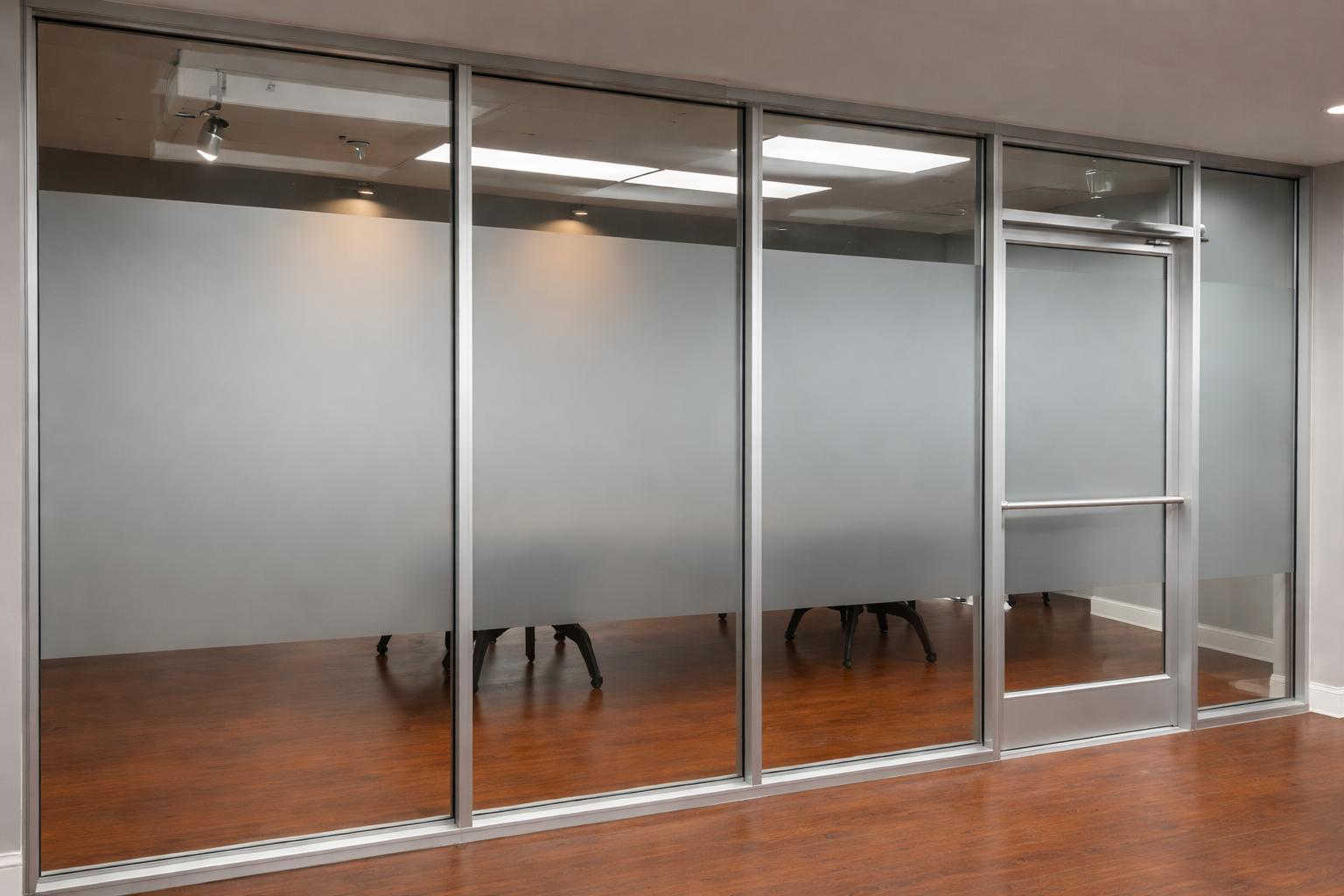 Pemasangan pintu kaca tempered frameless di lobi kantor kawasan Mampang Prapatan.