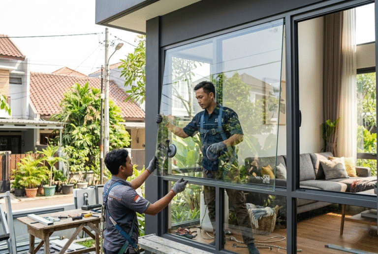 "Proses pemasangan jendela kaca tempered oleh teknisi profesional di area Jakarta Timur