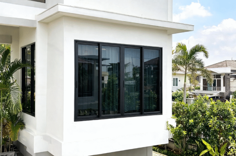 Pintu aluminium Alexindo Bekasi model geser minimalis untuk rumah modern.