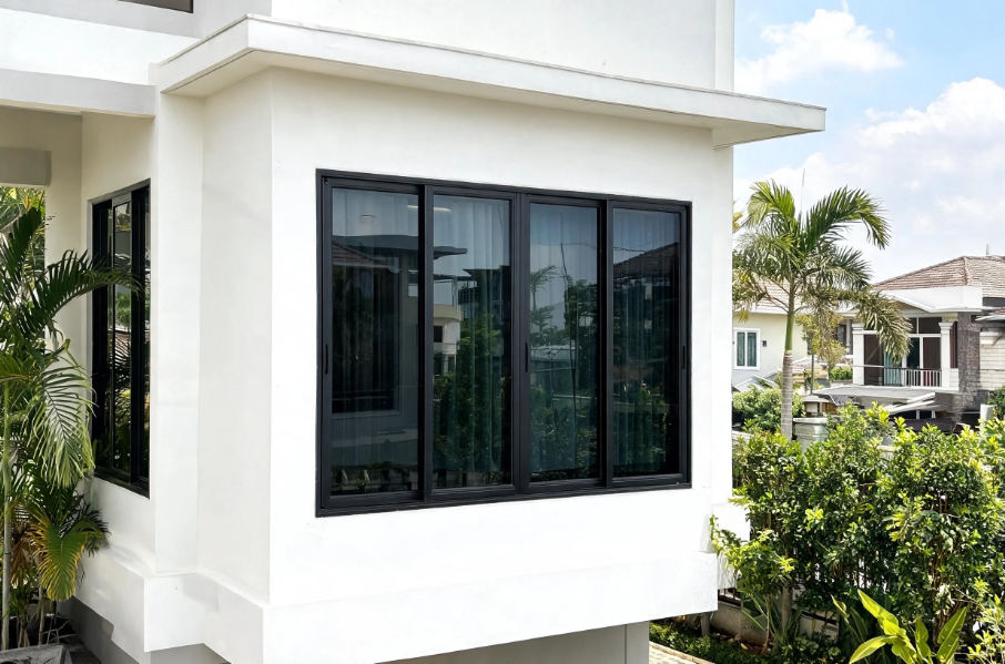 Pintu aluminium Alexindo Bekasi model geser minimalis untuk rumah modern.